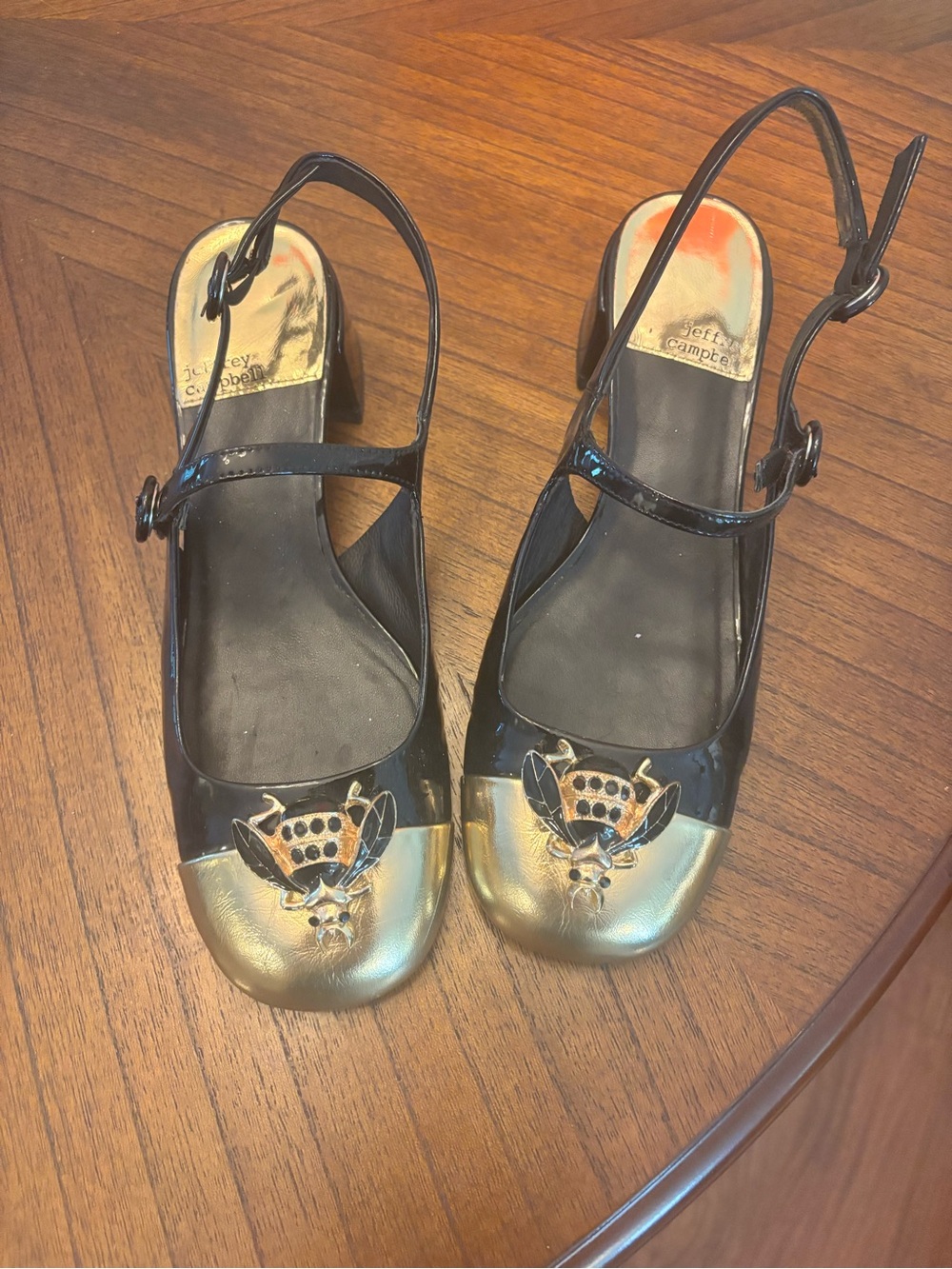 Jeffrey Campbell Black and Gold Women's Slingback Flats with Bee Accent - Picture 2 of 5
